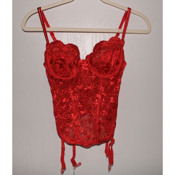 Vintage Victoria Secret Gold Label Red Lace Floral Bustier with Garter Hooks 34C - Picture 1 of 6